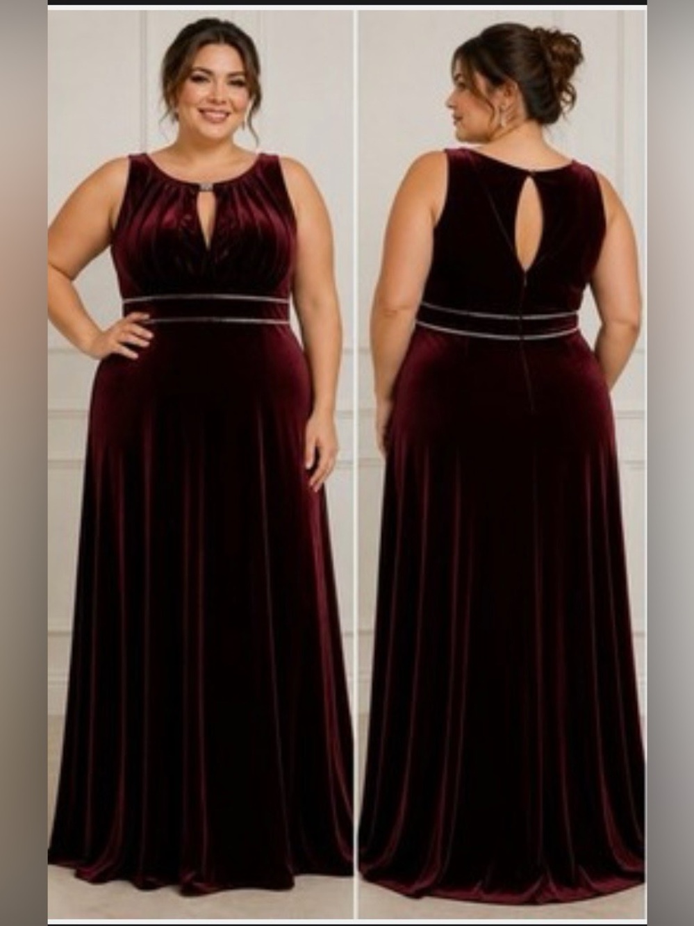 Oleg Cassini Burgundy Halter Velvet Gown with Rhinestone Waist Plus Size 16 NWT